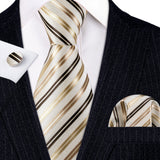 Gold White Black Striped Silk Business Men's Tie Pocket Square Cufflinks Set