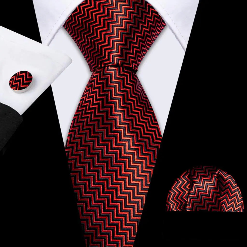 Orange Striped Silk Business Men's Tie Pocket Square Cufflinks Set