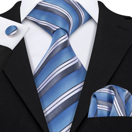 Blue White Gray Striped Silk Business Men's Tie Pocket Square Cufflinks Set