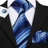 Blue Striped Silk Business Men's Tie Pocket Square Cufflinks Set