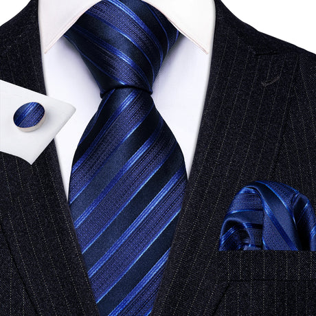 Blue Striped Silk Business Men's Tie Pocket Square Cufflinks Set