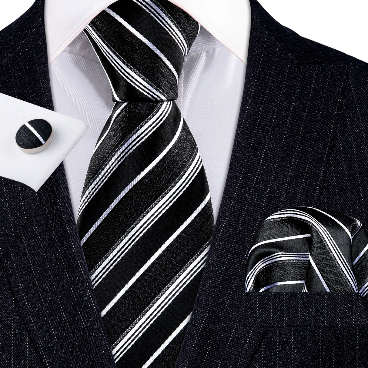 Black White Striped Silk Business Men's Tie Pocket Square Cufflinks Set