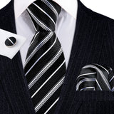 Black White Striped Silk Business Men's Tie Pocket Square Cufflinks Set