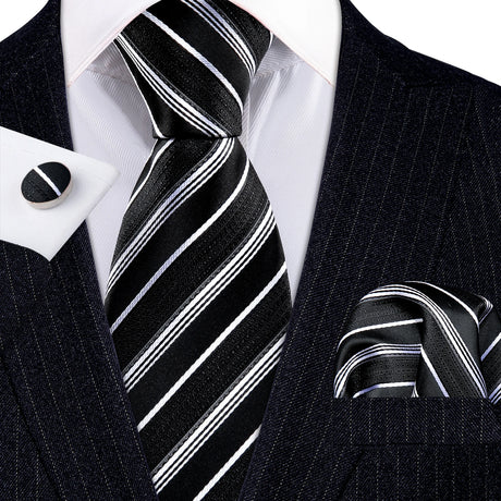 Black White Striped Silk Business Men's Tie Pocket Square Cufflinks Set