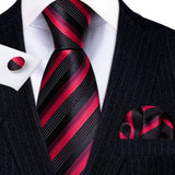 Black Red Striped Silk Business Men's Tie Pocket Square Cufflinks Set