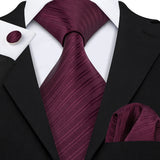 Wine Red Striped Silk Business Men's Tie Pocket Square Cufflinks Set