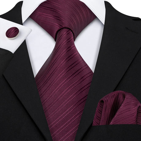 Wine Red Striped Silk Business Men's Tie Pocket Square Cufflinks Set