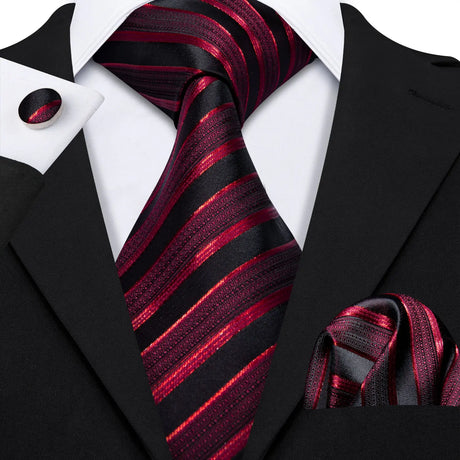 Red Black Striped Silk Business Men's Tie Pocket Square Cufflinks Set
