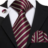 Red Brown Striped Silk Business Men's Tie Pocket Square Cufflinks Set