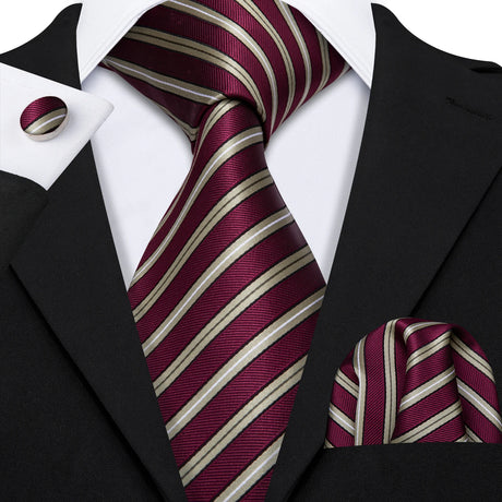 Red Brown Striped Silk Business Men's Tie Pocket Square Cufflinks Set