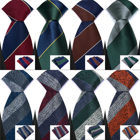 Collection of Stripes Red Green Brown Pocket Square Necktie Set