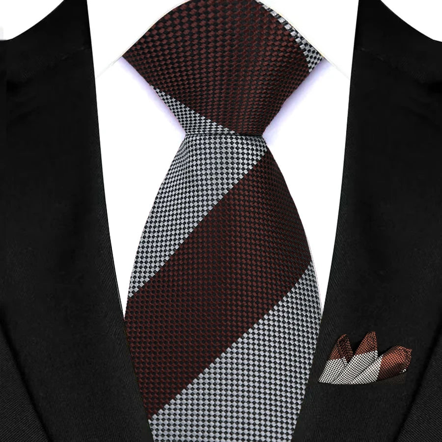 Stripes Red Green Brown Pocket Square Necktie Set