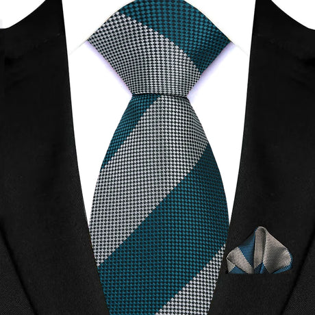 Silver Stripes Red Green Brown Pocket Square Necktie Set