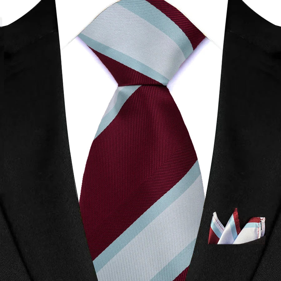 Stripes Red Green Brown Pocket Square Necktie Set