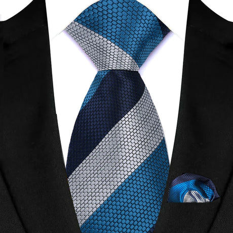 Blue Stripes Red Green Brown Pocket Square Necktie Set