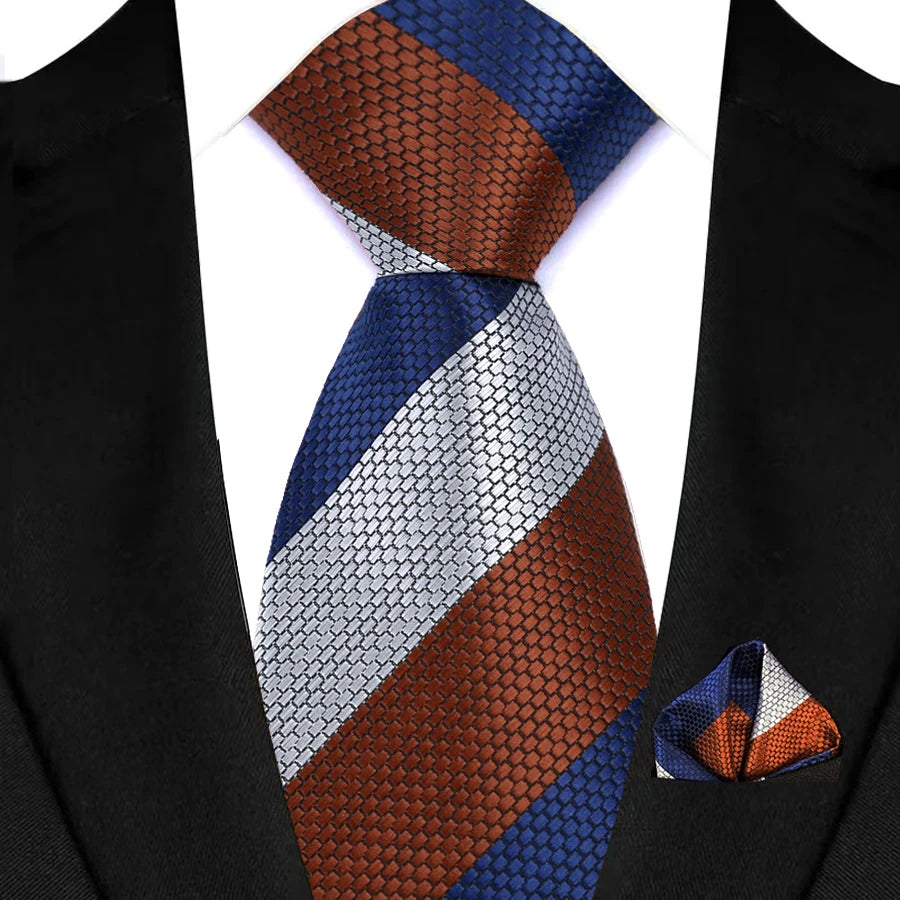 Stripes Red Green Brown Pocket Square Necktie Set
