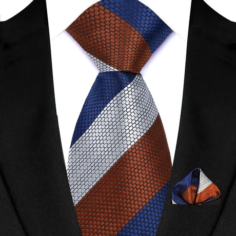 Silver Stripes Red Green Brown Pocket Square Necktie Set