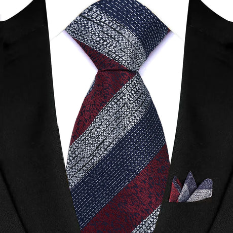 Silver Stripes Red Green Brown Pocket Square Necktie Set