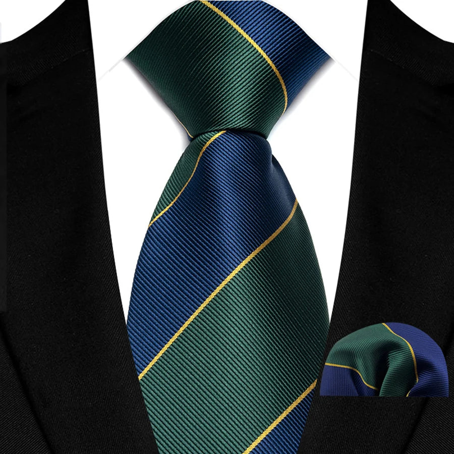 Stripes Red Green Brown Pocket Square Necktie Set