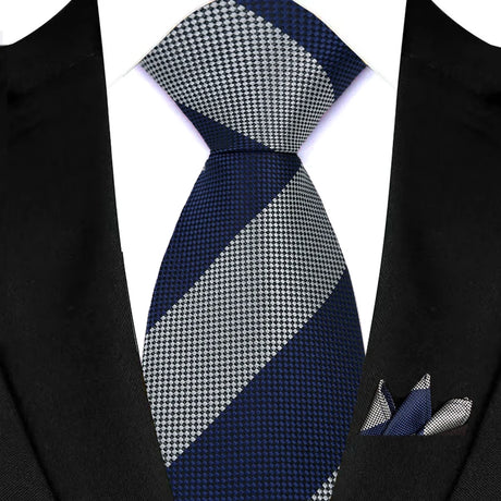 Silver Stripes Red Green Brown Pocket Square Necktie Set