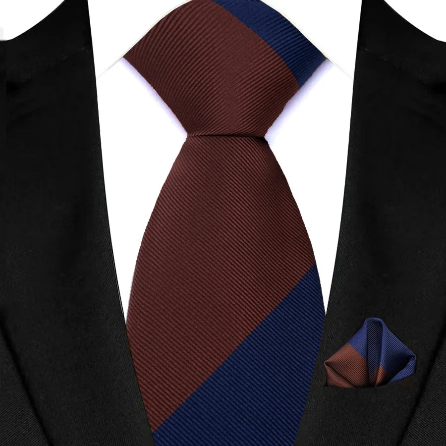 Stripes Red Green Brown Pocket Square Necktie Set