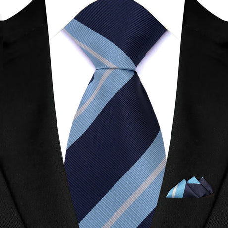 Blue Stripes Red Green Brown Pocket Square Necktie Set