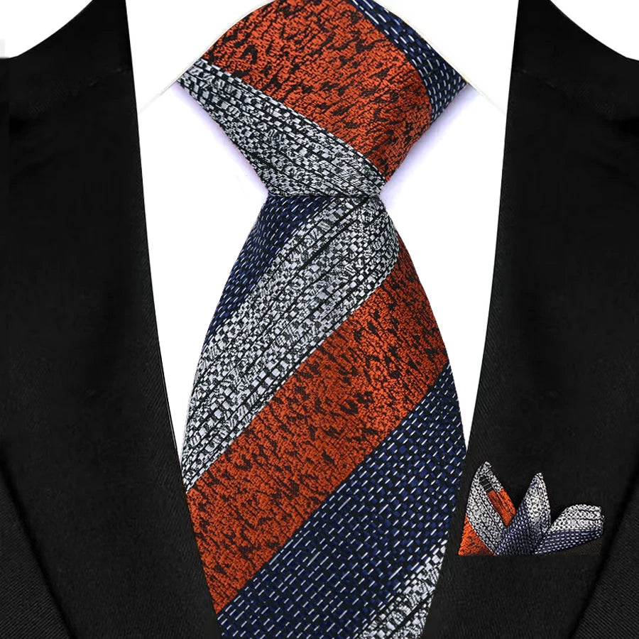 Stripes Red Green Brown Pocket Square Necktie Set