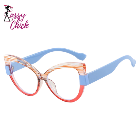 Stylish Cat Eye Color-Blocked Blue Light Eyeglasses Sassy Chick Logo