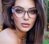Model Using Stylish Cat Eye Color-Blocked Blue Light Eyeglasses