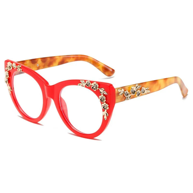 Red Stylish Flower Design HD Lens Hyperopia Eyeglasses