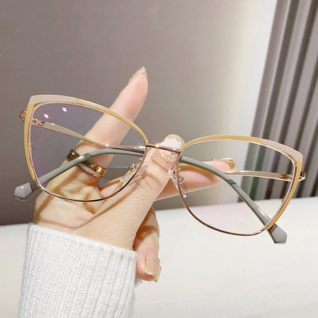 Beige Stylish Metal Cat Eye Anti Blue Light Glasses