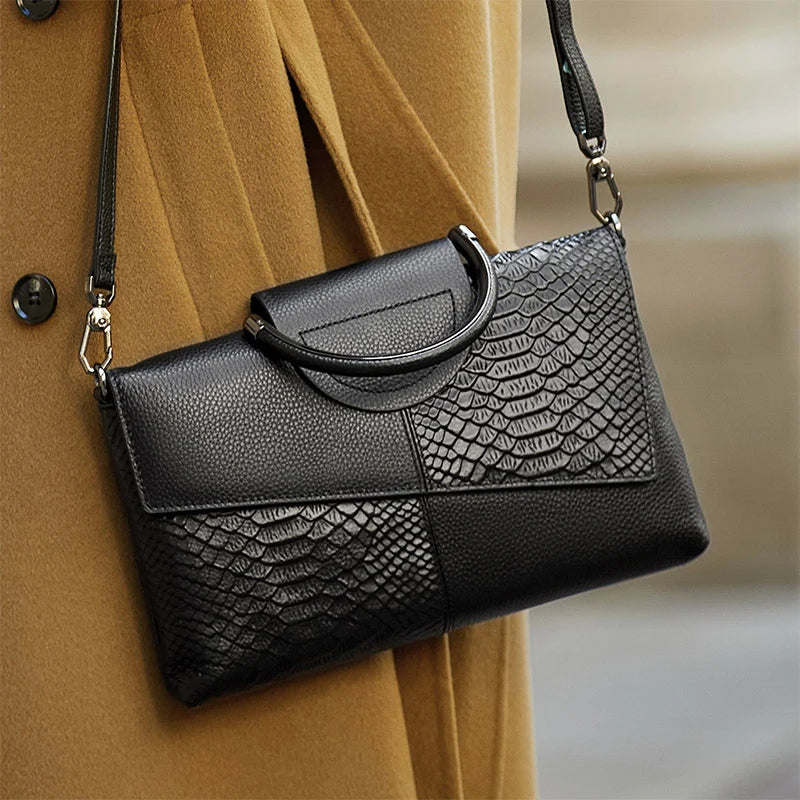 model using Stylish PU Alligator Pattern Flap Handbag Purse
