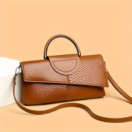 Brown Stylish PU Alligator Pattern Flap Handbag Purse
