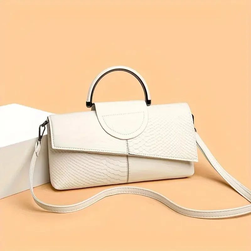White Stylish PU Alligator Pattern Flap Handbag Purse