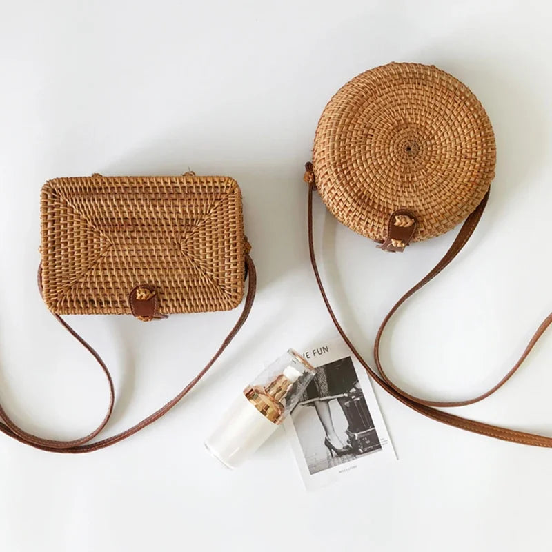 Square and Circle Summer Rattan Handmade Bag