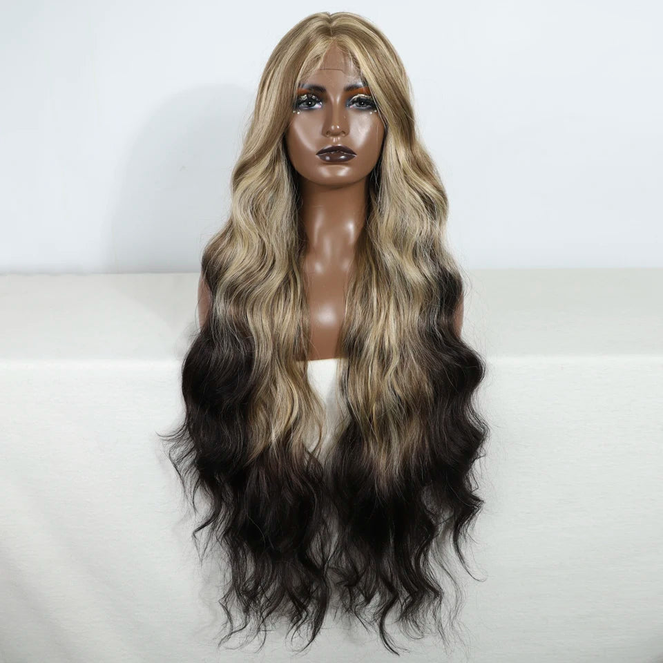Blonde Black Super Long Body Wavy Heat Resistant Synthetic Lace Wigs