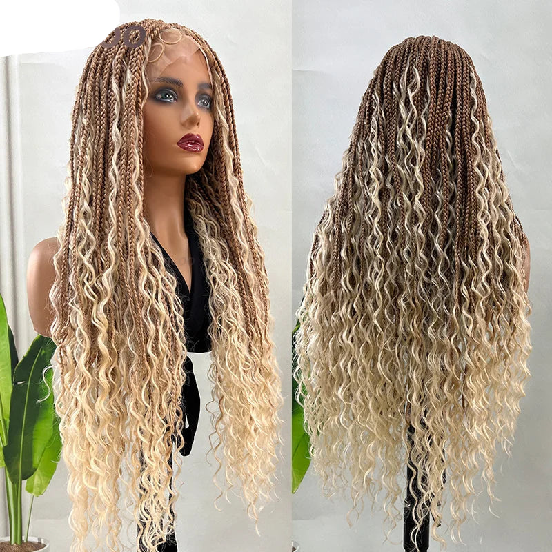 Synthetic 32" Bohemian Full Lace Braided Wig white highlight 