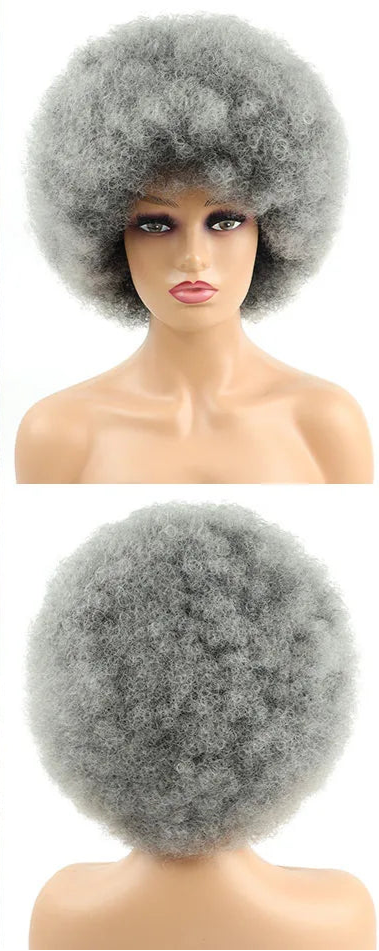 Synthetic Big Afro Kinky Curly Wig With Bang grey