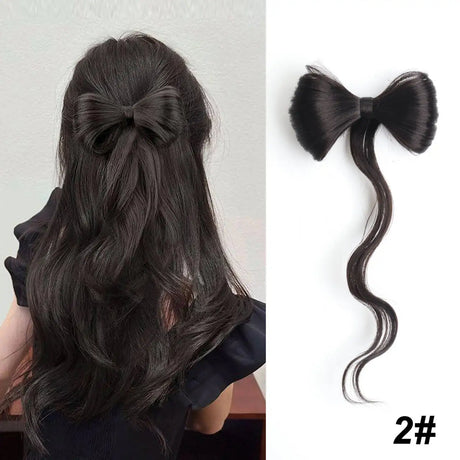 Black Synthetic Bowknot Claw Long Curly Wavy Ponytail Extensions