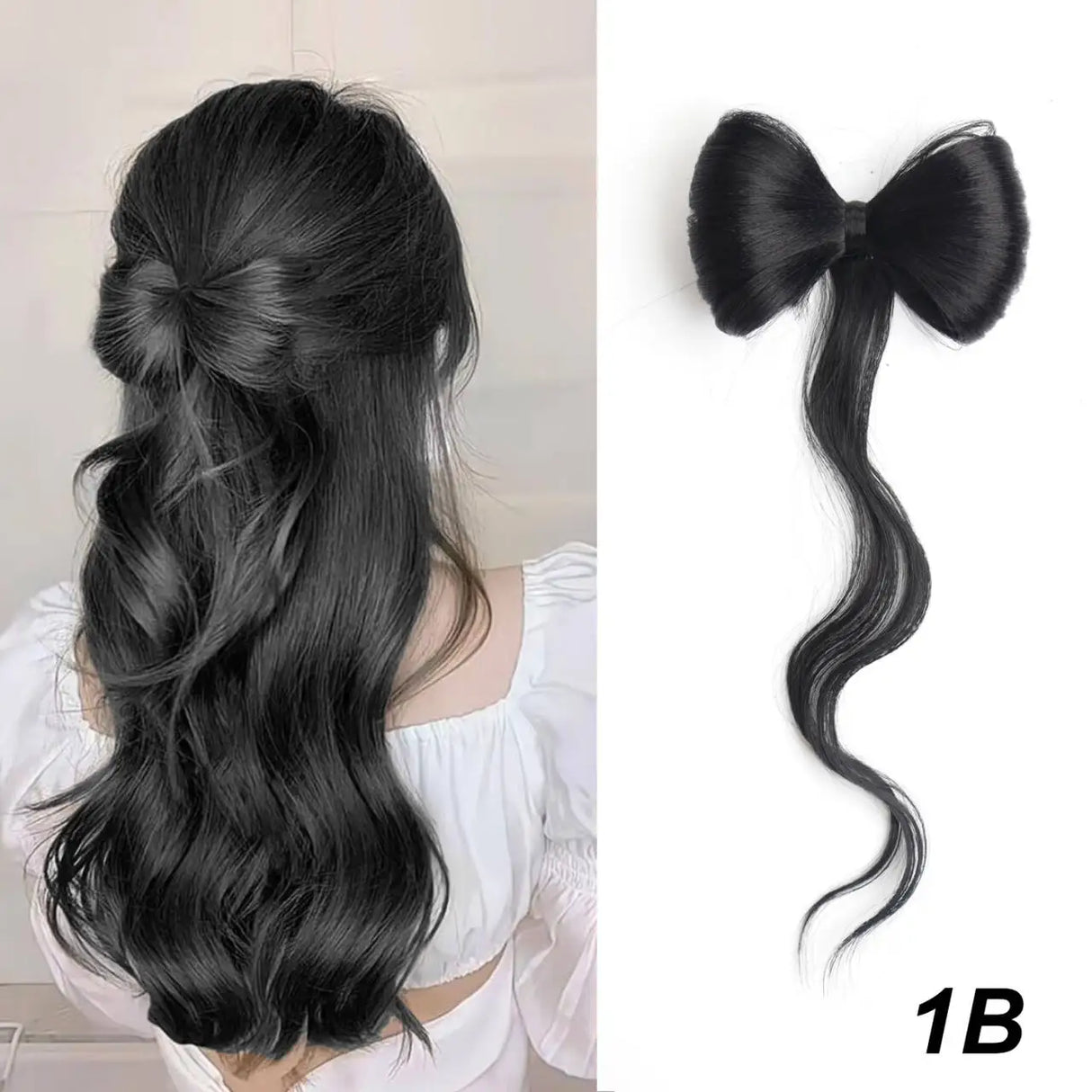 Black Synthetic Bowknot Claw Long Curly Wavy Ponytail Extensions