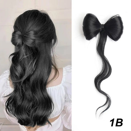 Black Synthetic Bowknot Claw Long Curly Wavy Ponytail Extensions