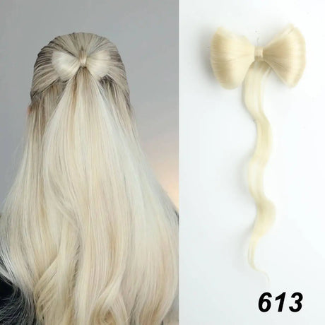 White Synthetic Bowknot Claw Long Curly Wavy Ponytail Extensions