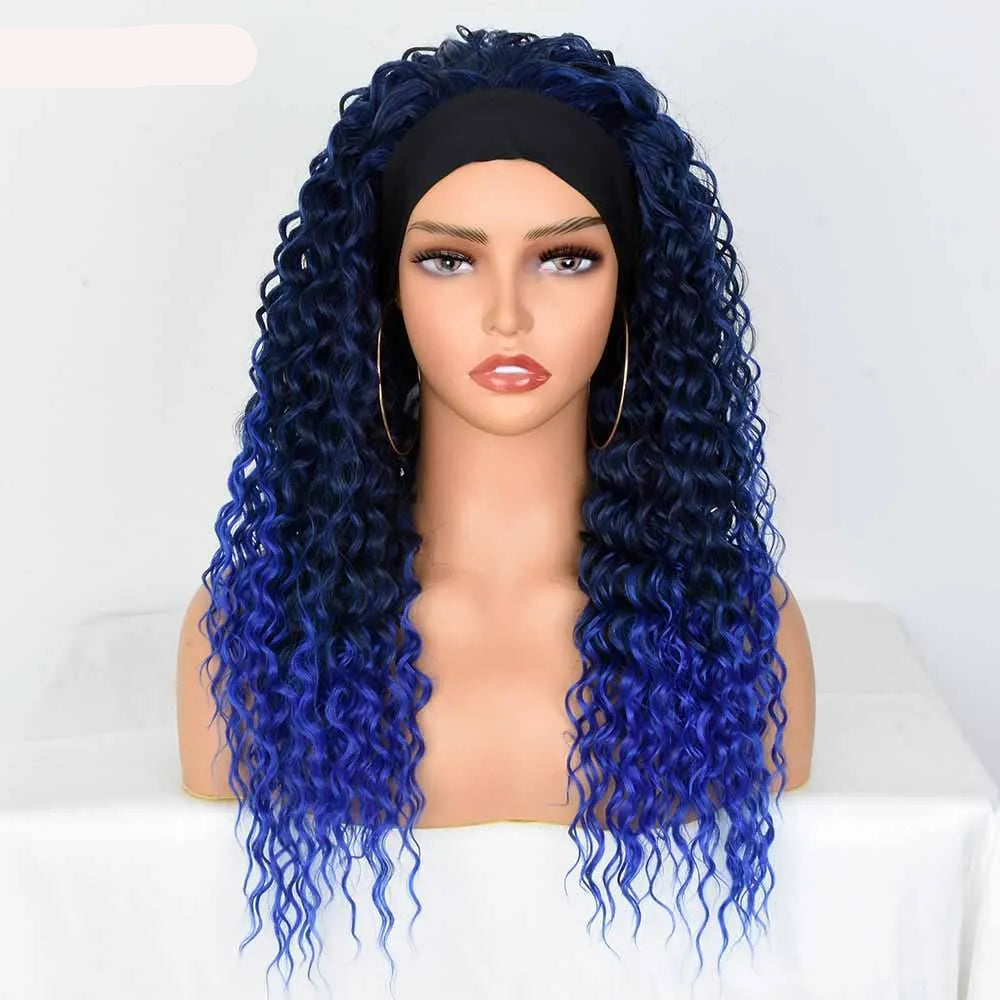 Synthetic Headband Heat Resistant Blonde Curly Wig blue