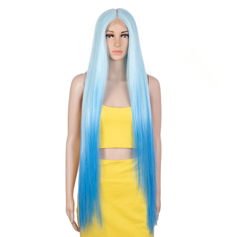 Synthetic Lace Front Wig 38 Inch Ombre Blonde light blue