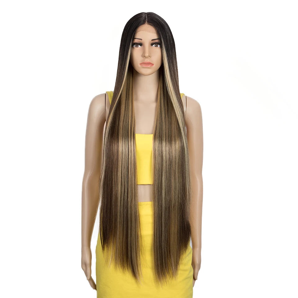Synthetic Lace Front Wig 38 Inch Ombre Blonde black/ highlight brown