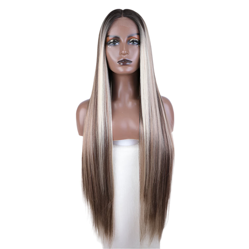 Synthetic Lace Front Wig 38 Inch Ombre Blonde brown/ grey