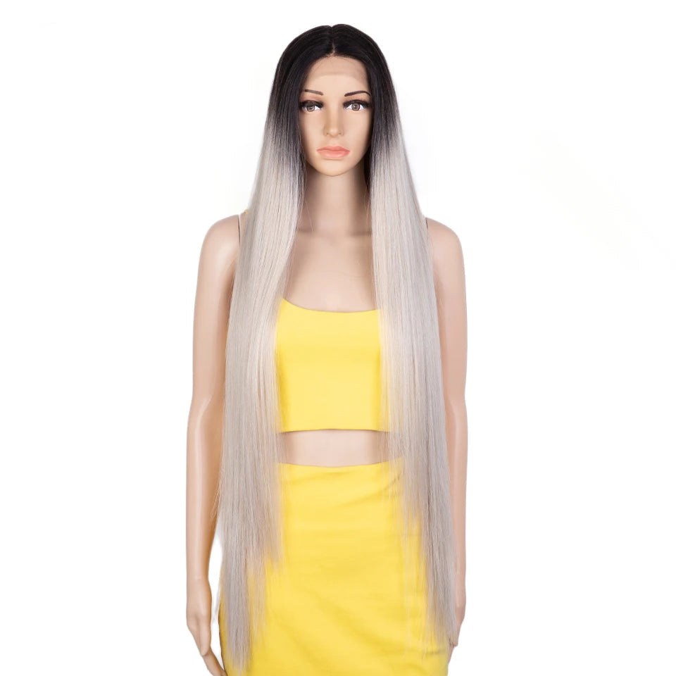Synthetic Lace Front Wig 38 Inch Ombre Blonde black/ grey 