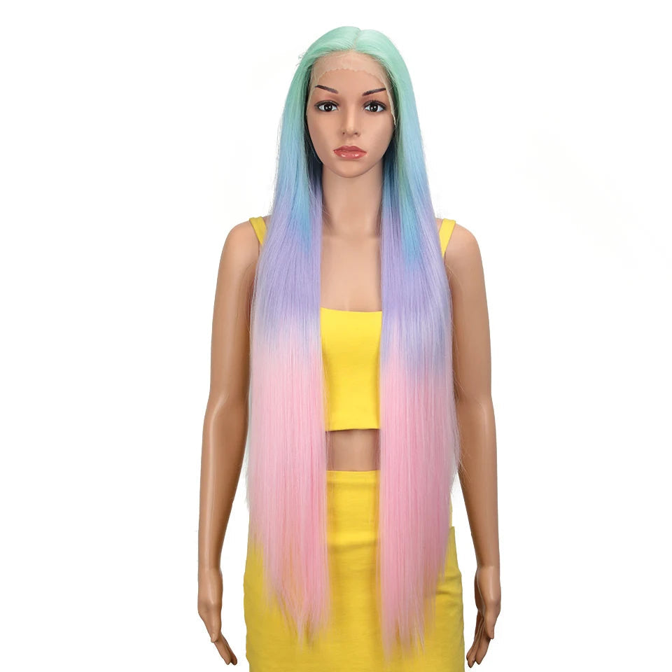 Synthetic Lace Front Wig 38 Inch Ombre Blonde green blue pink 