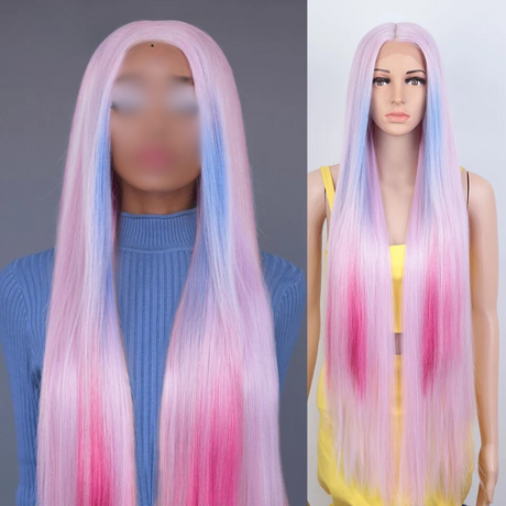 Synthetic Lace Front Wig 38 Inch Ombre Blonde purple blue pink
