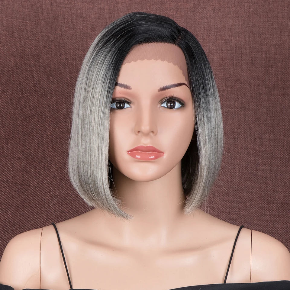 Synthetic Short Bob Straight Lace Front Wigs black grey